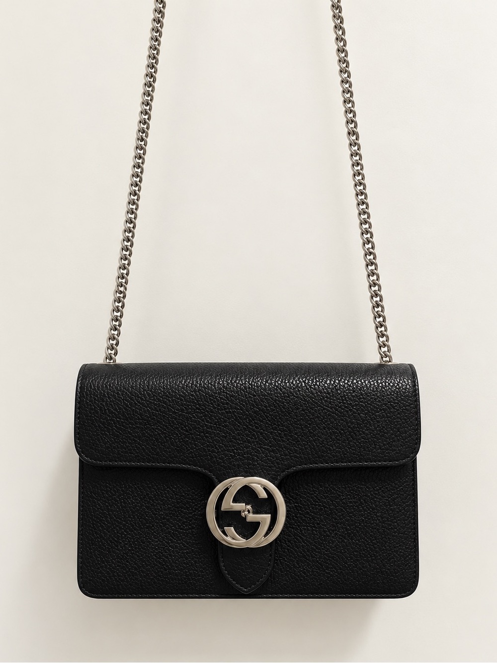 Gucci Black Pebbled Leather Crossbody with Silver GG Chain